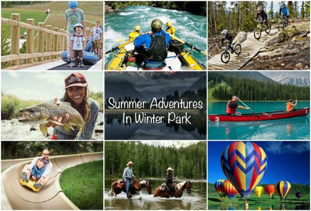 A lively summer scene featuring families rafting on a river, fishing along the banks, biking on scenic trails, horseback riding, enjoying a water slide, kayaking, and colorful hot air balloons floating above picturesque natural landscapes.