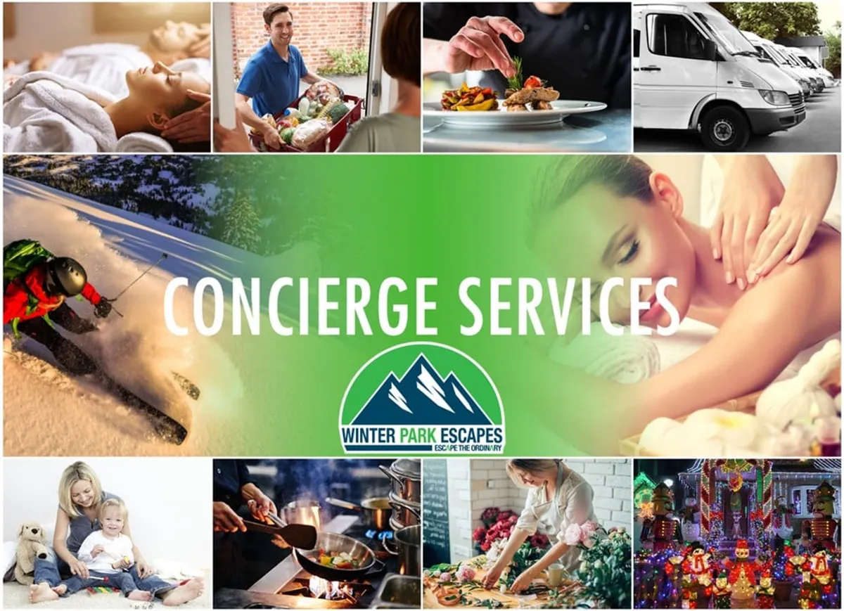 A lively collage-style image showing guests enjoying concierge services, gourmet food preparation, wellness treatments, and family activities. The scene exudes luxury, warmth, and the abundance of curated experiences offered to guests, from ski days to in-home dining and relaxation.