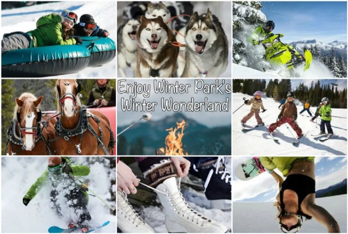 A vibrant winter scene showing people snow tubing, Siberian Huskies ready for dog sledding, a snowmobile in action, horse-drawn sleighs, skiers, ice skaters, children playing in the snow, and a snowboarder mid-descent. The backdrop is a snowy landscape bustling with energy and excitement.